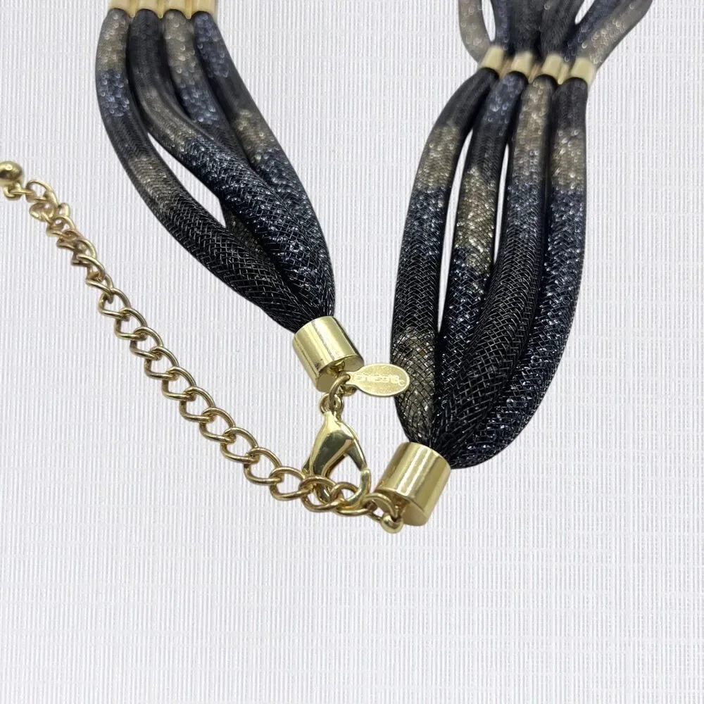 Chicos Chunky Statement Necklace Gold Tone Black Blue Mesh Tube Tiered Layered